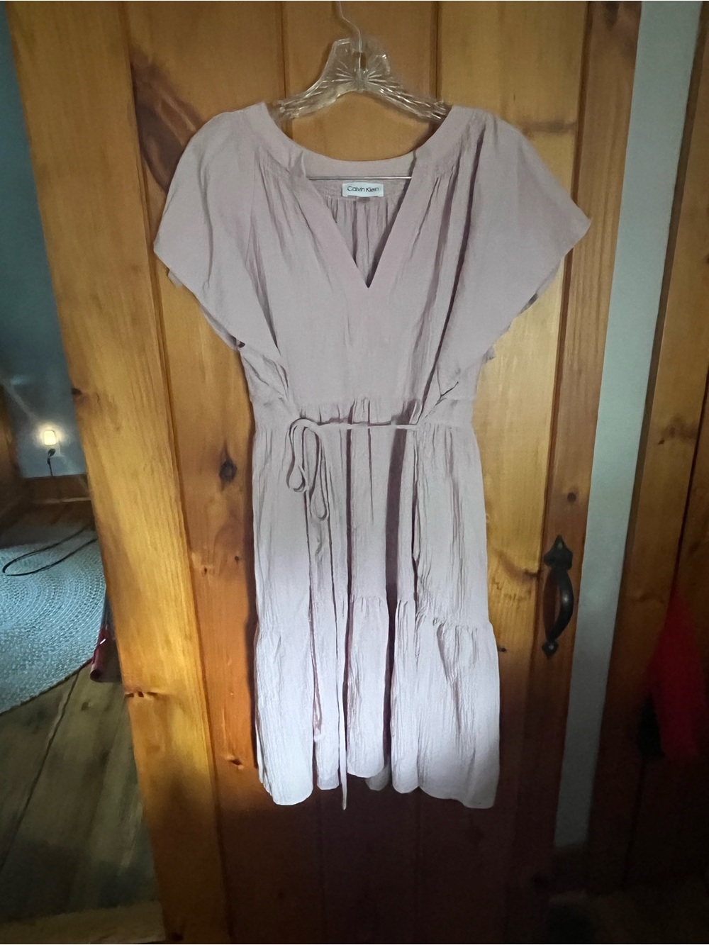 Calvin Klein Blush Tiered V-Neck Midi Dress